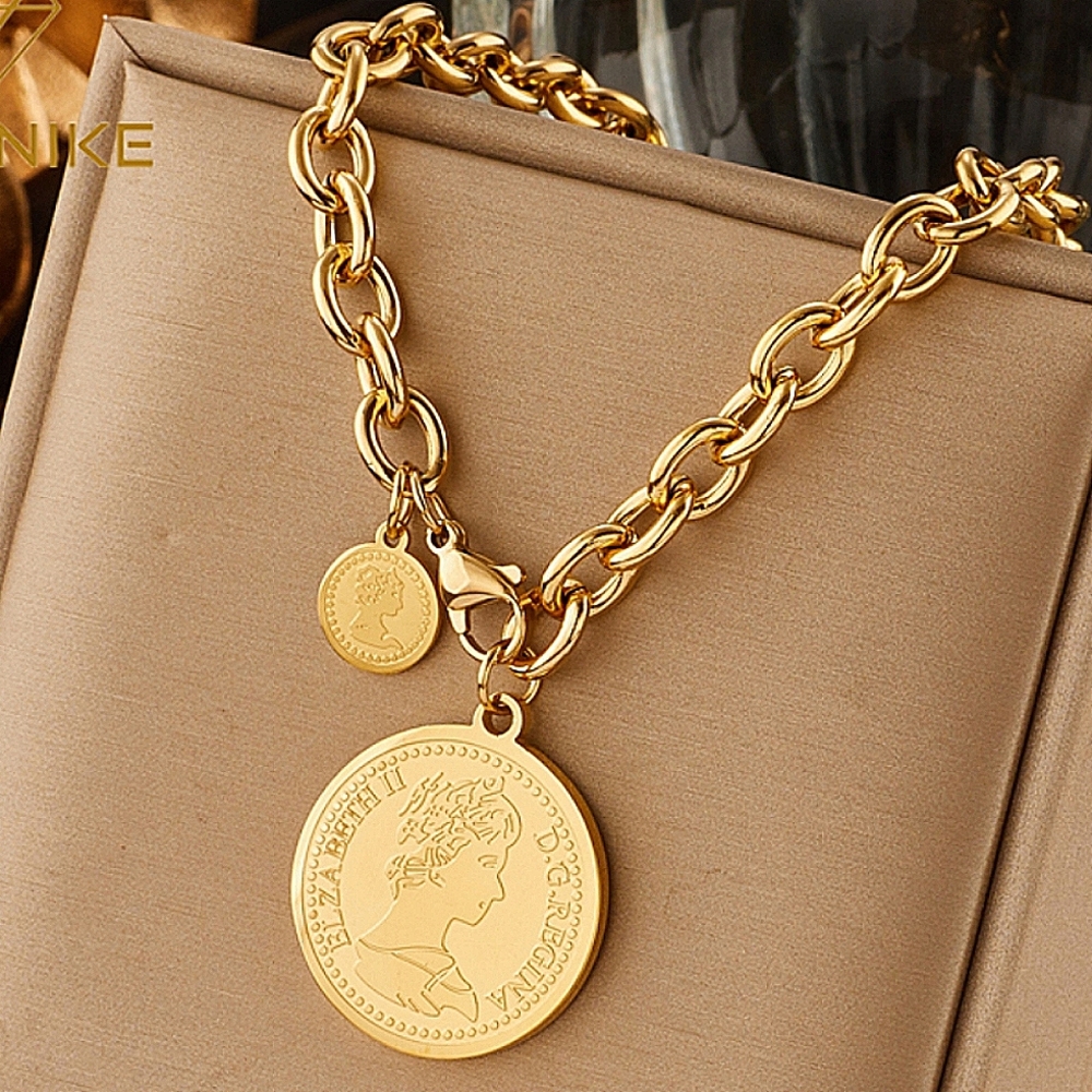 Queen Elizabeth Coin Gold Plated Chain Link Necklace Matching Bracelet Set - Picture 6 of 11